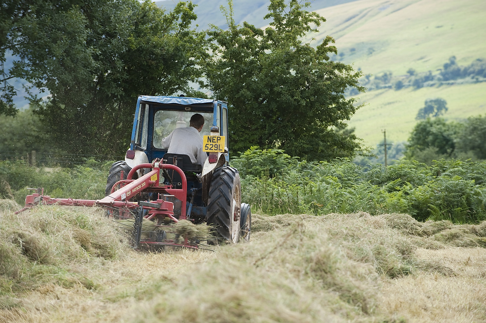 Cutting hay at harvest time at Blaenglyn Farm in the Brecon Beacons National Park, South Wales. ©National Trust Images/Paul Harris